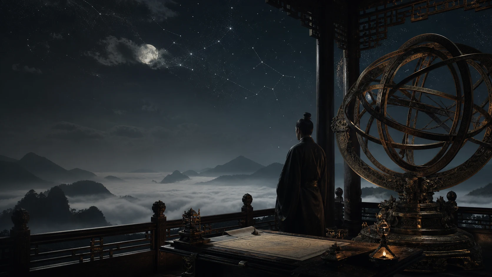 A night observatory: a Chinese star chart suspended over a dark mountain ridge under a star-filled sky